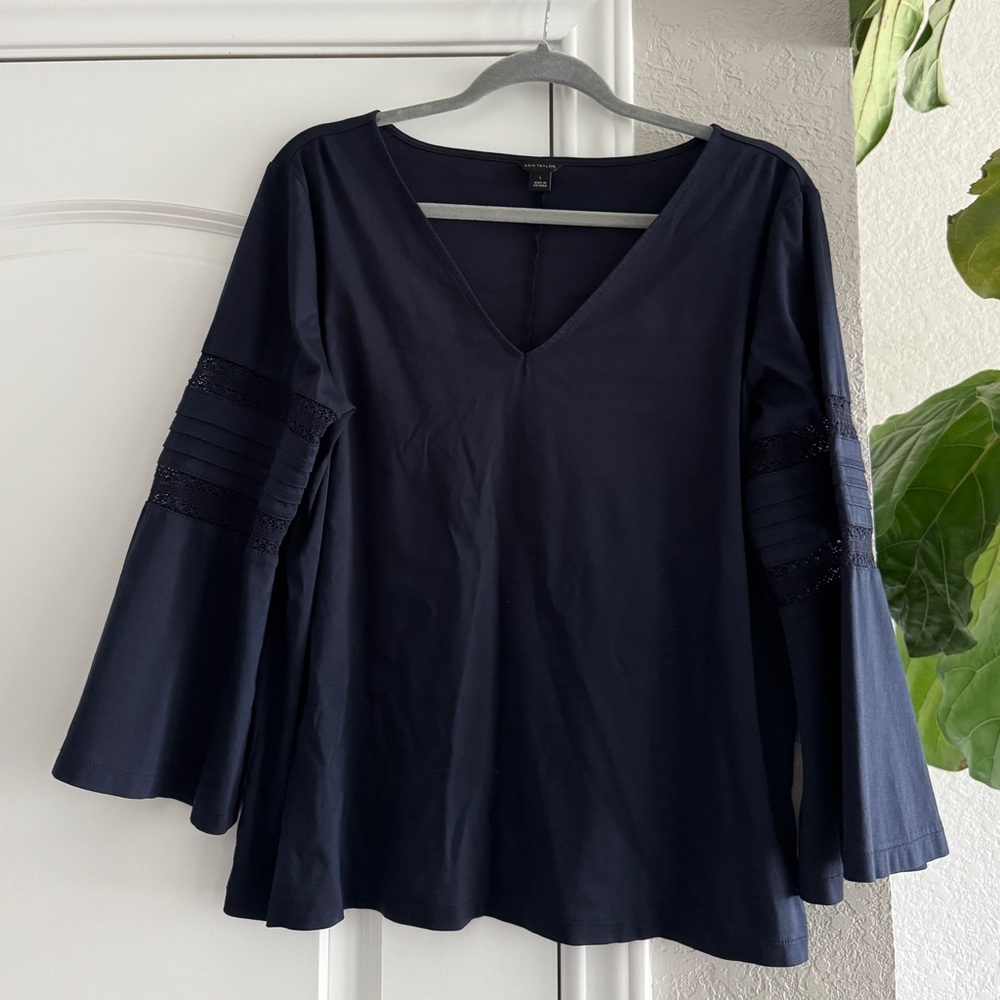 Ann Taylor Navy Bell Sleeve Cotton Blouse